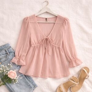 Blush Sheer Babydoll Blouse Feminine Romantic Boho Ruffle Sleeve M